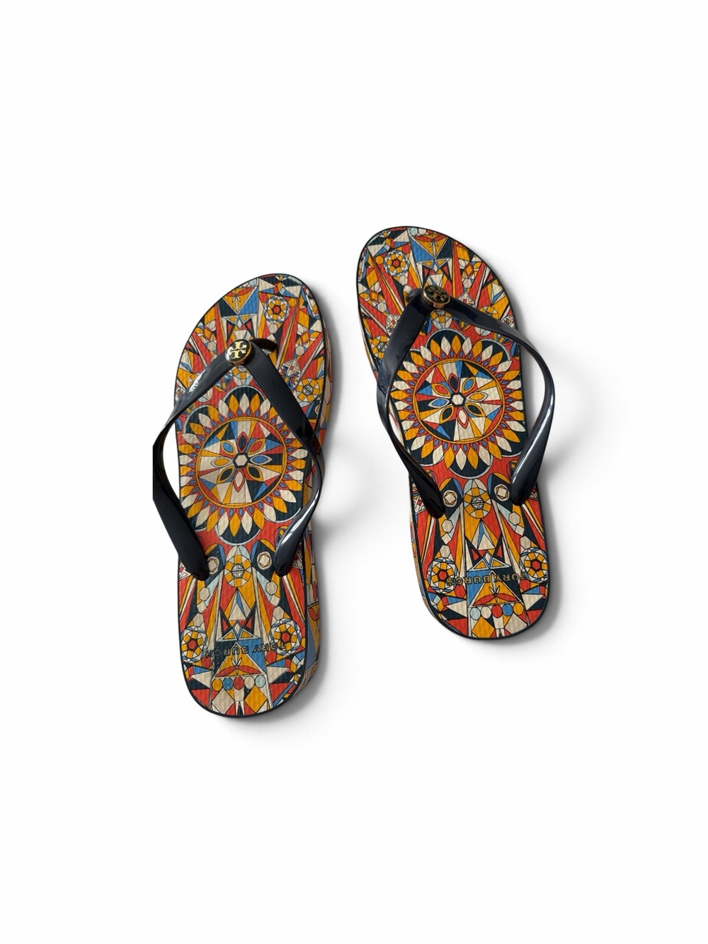 Tory Burch Black Strap Sandals with Colorful Mosaic Footbed